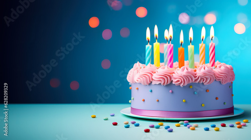 B-day cake with colorful candles blue background
