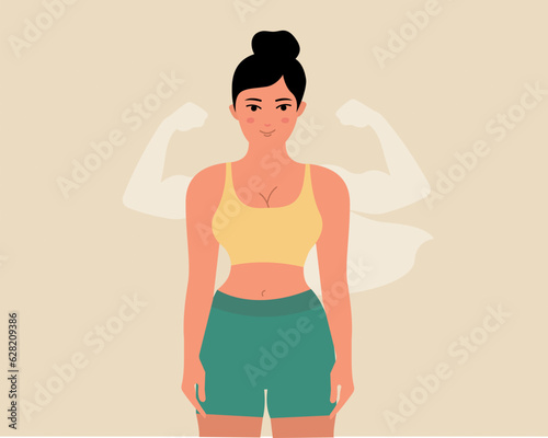 Confidence happy fitness girl shadow showing off her biceps Girl power and leadership
