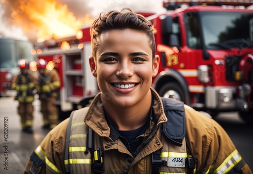 Happy firefighter in the background is blurred truck