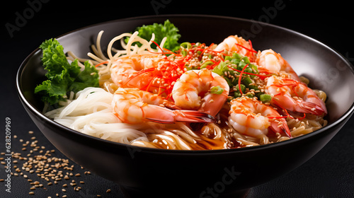 Ramen with shrimps on dark background with copy space