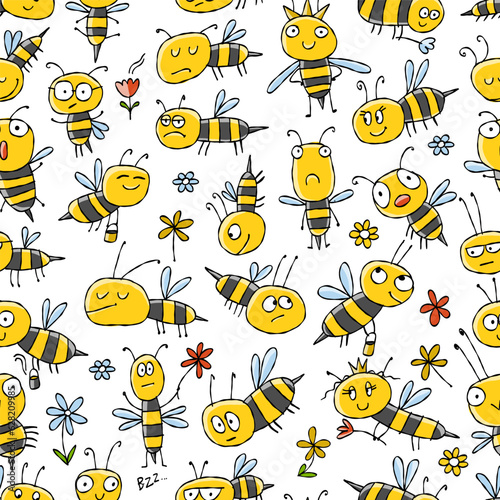 Funny Bees family. Beehive seamless pattern background for your design
