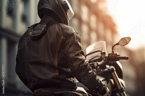 Closeup rear view illustration of a motorcyclist in protective jacket, with boots and helmet. Biker ready to hit the road at sunset on an empty road. Realistic 3D illustration. Generative AI