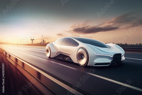 Electric sport car running on the morning road in future city Created with Generative AI technology. © Sakrapee Nopparat