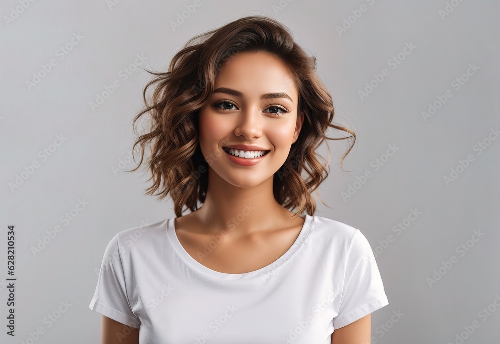 Portrait of a beautiful woman with white t-shirt isolated studio background Portrait of a beautiful woman with white t-shirt isolated studio background