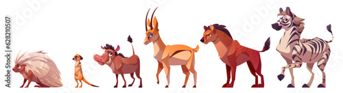 Set of African wild animals isolated on white background. Vector cartoon illustration of zebra, porcupine, antelope, meerkat, hyena, warthog characters standing. Cute zoo or safari park inhabitants