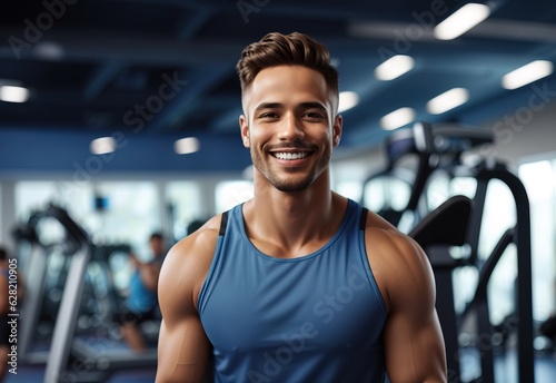 Portrait of a happy fit man smile in the gym background  Healthy lifestyle and sports concept