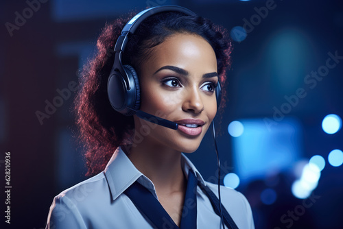 Female African American customer support agent working at a call center. Generative AI.