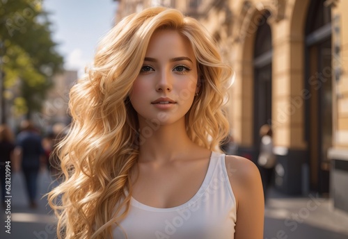 Portrait of a young woman with rich blond color hair in the city