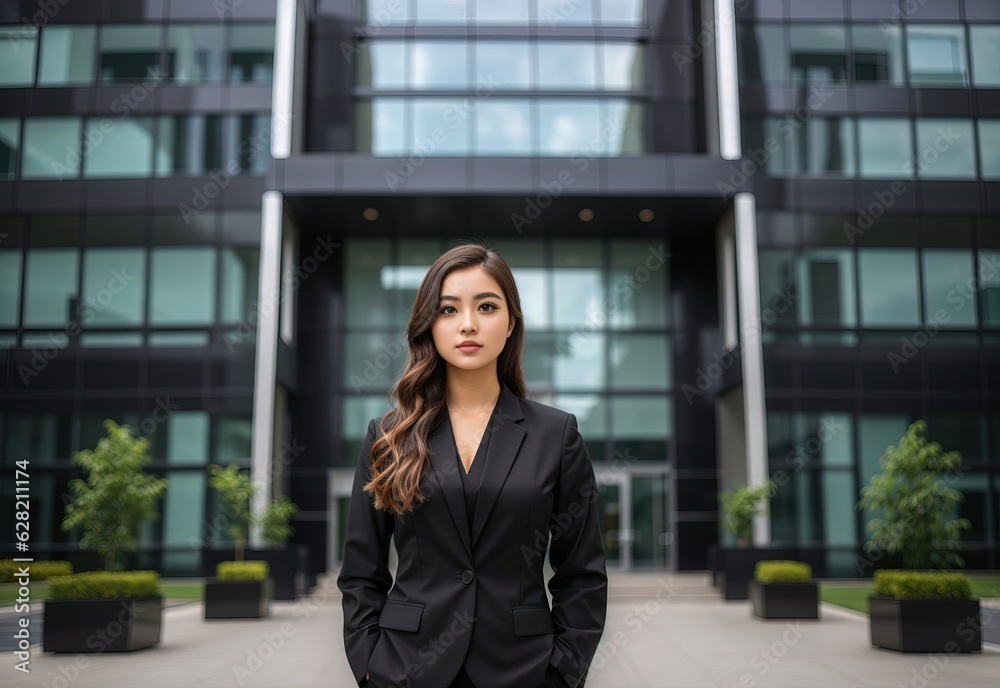 Young businesswoman Wearing black suit standing confident in front of the corporate building