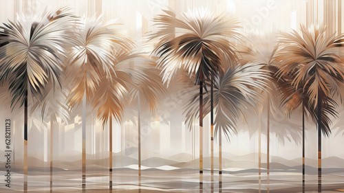Abstract orange tropical palm trees wallpaper , mural wall