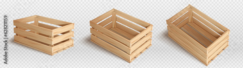 3d empty wooden crate box for fruit or vegetable. Realistic isolated wood basket with timber texture set. Open farm harvest packaging container illustration collection. Warehouse cargo clipart