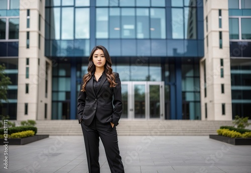 Young businesswoman Wearing black suit standing confident in front of the corporate building