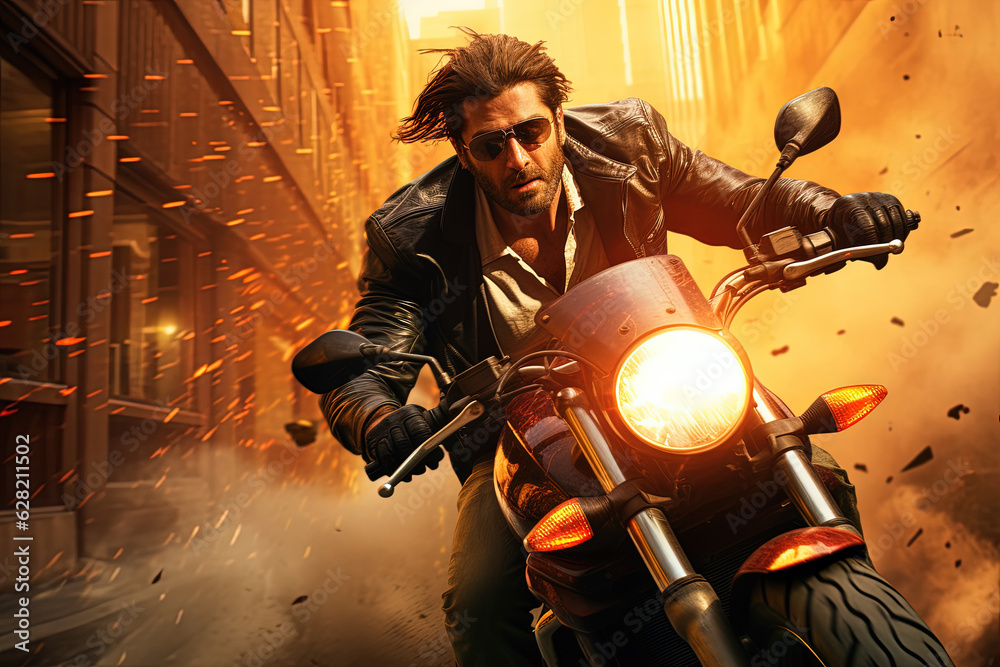 Action shot with man riding away from explosion on bike. Dynamic scene ...