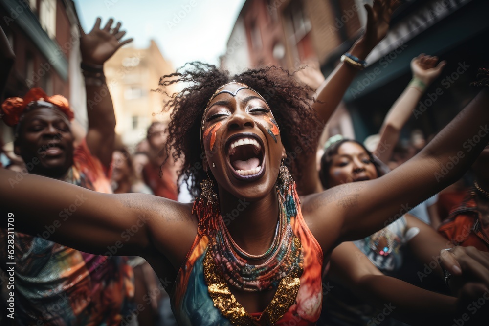 Ecstatic crowd dancing in the streets during Notting Hill Carnival