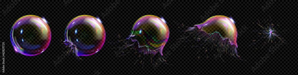 Realistic bubble burst animation set isolated on transparent background. Vector illustration of soap water ball with glossy rainbow surface exploding with drops and disappearing in air, splash effect