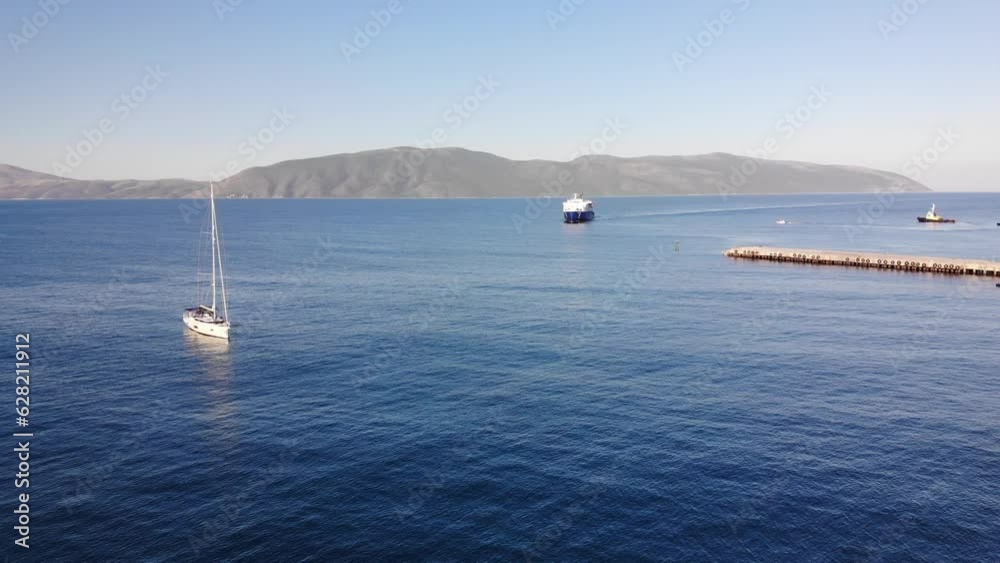 Aerial view of Vlora bay. yachts at anchor. Morning landscape of Vlora bay Aerial view of Vlora bay. yachts at anchor. Morning landscape of Vlora bay