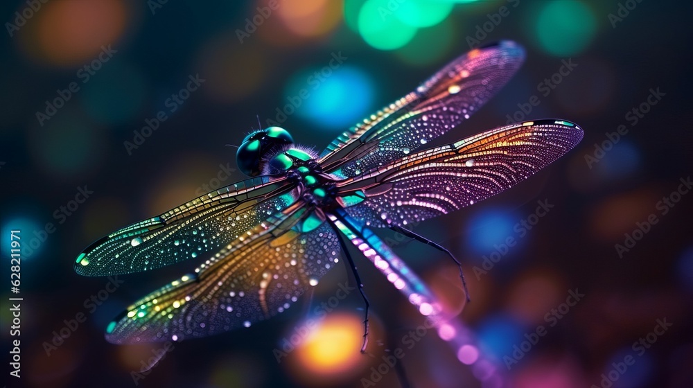 Beautiful colorful dragonfly on rainbow bokeh background Created with Generative AI technology.
