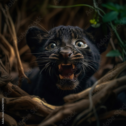 Prize-winning portrait of baby panther in nest. Intense cuteness of big-eyed panther. Small panther protected in hyper realistic nest. Realistic 3D illustration. Generative AI
