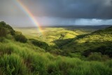 Illustration of a colorful rainbow arching over a picturesque valley landscape, created using generative AI