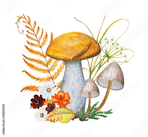 Autumn watercolor composition. Illustration with mushrooms, flowers, dry leaves. Forest mushrooms.