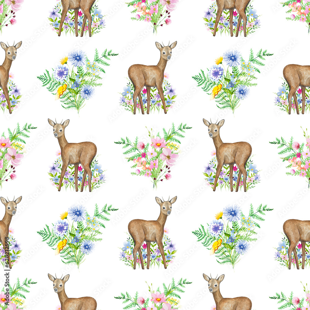 Seamless pattern with forest animals, deer and meadow flowers, watercolor Seamless pattern with forest animals, deer and meadow flowers, watercolor