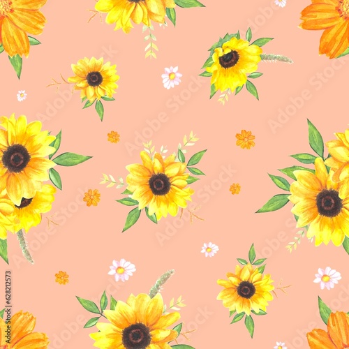 Seamless floral pattern with watercolor flowers, sunflower , leaves