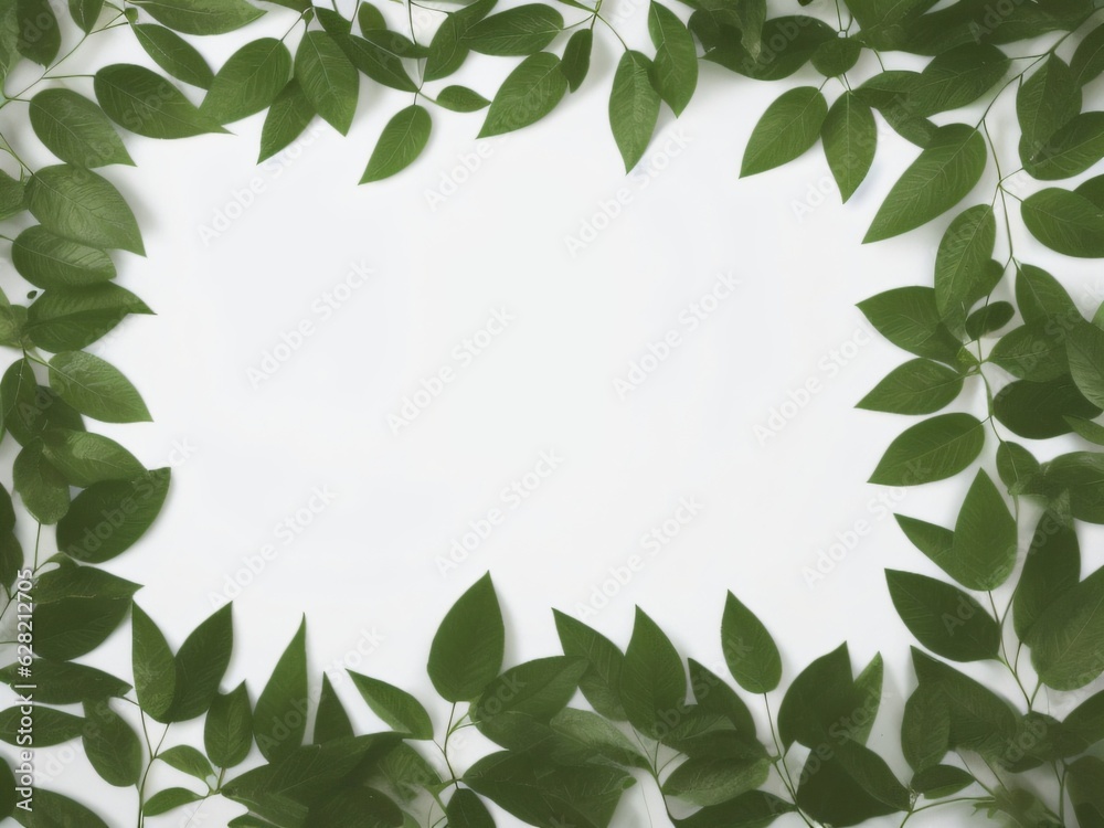 image of a template mockup, designed for natural product advertisement, surrounded by green leaves against a trendy, minimalist flat lay background. Created with generative AI tools