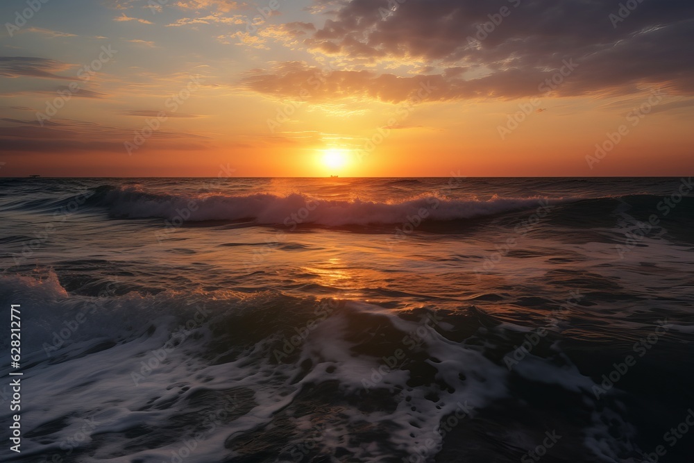 Illustration of a beautiful sunset over the ocean waves created using generative AI