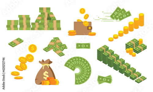 Big set of green banknotes and gold coins. Dollar bill piles, bundles, stacks and heaps. Banknote fan. Vector illustration in trendy flat style.