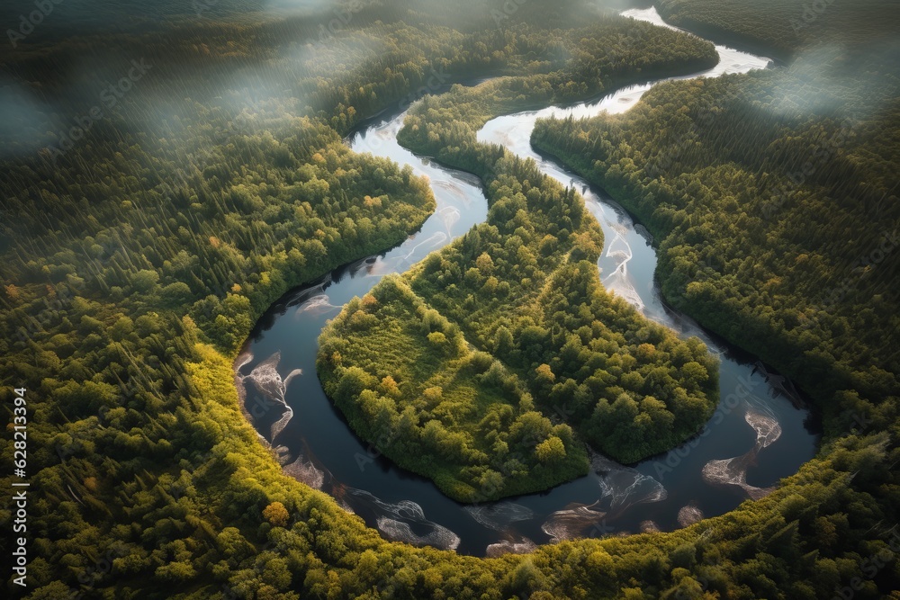 Illustration of a serene river flowing through a vibrant green forest created using generative AI Illustration of a serene river flowing through a vibrant green forest created using generative AI
