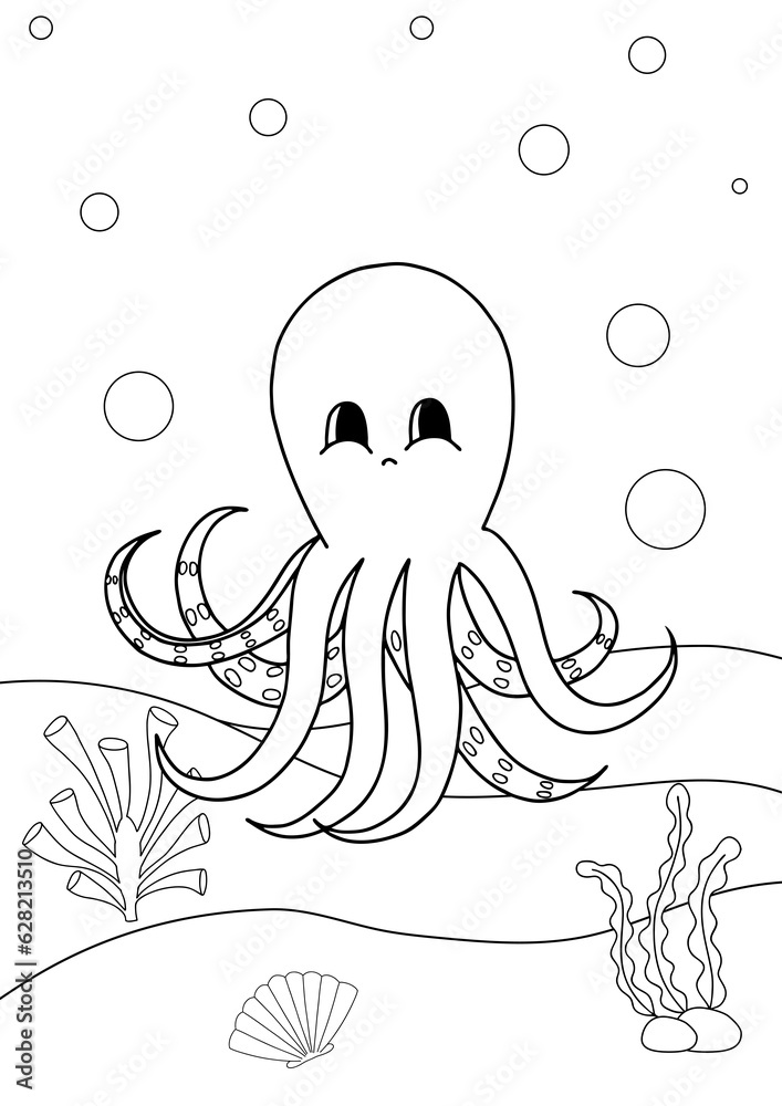 Naklejka premium Cute cartoon octopus. Coloring book or page for kids. Marine life