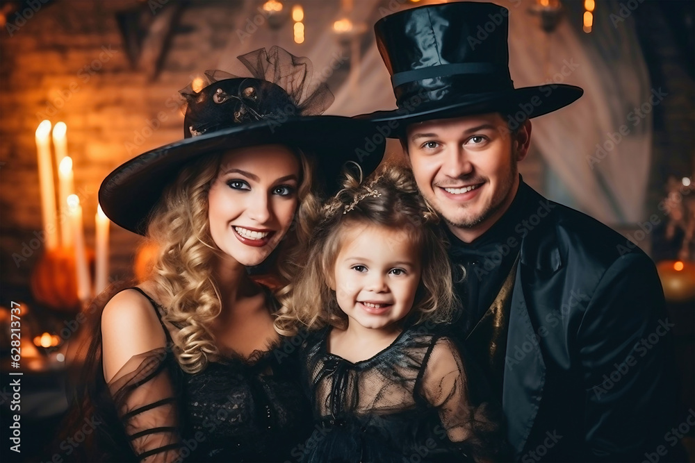 happy family mother father and children in costumes and makeup on a celebration of Halloween. happy family mother father and children in costumes and makeup on a celebration of Halloween.