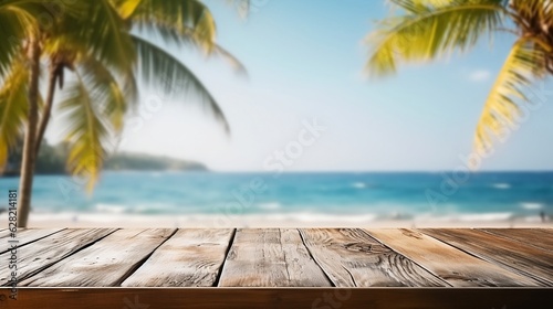 Top of wood table with seascape and palm leaves