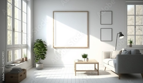 Beautiful bright light living room blank wooden frame Generative Ai © Abonti