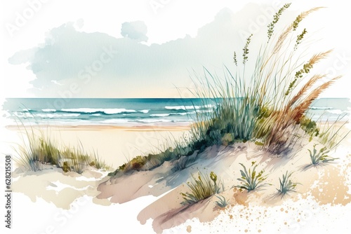 A watercolor painting of a beach scene