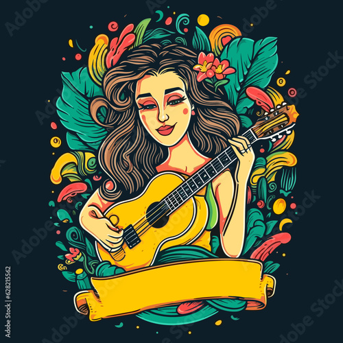A romantic girl plays a lyrical melody on the guitar. Summer garden party concert. Cartoon vector illustration.
