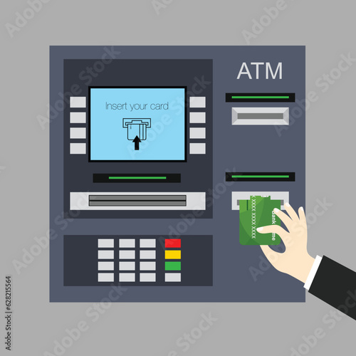 Hand pushing credit card into ATM machine slot. Withdrawing dollar banknote. Getting money. Vector illustration in trendy flat style.