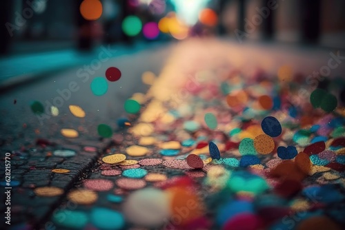 A close up of a street with a lot of confetti on the 