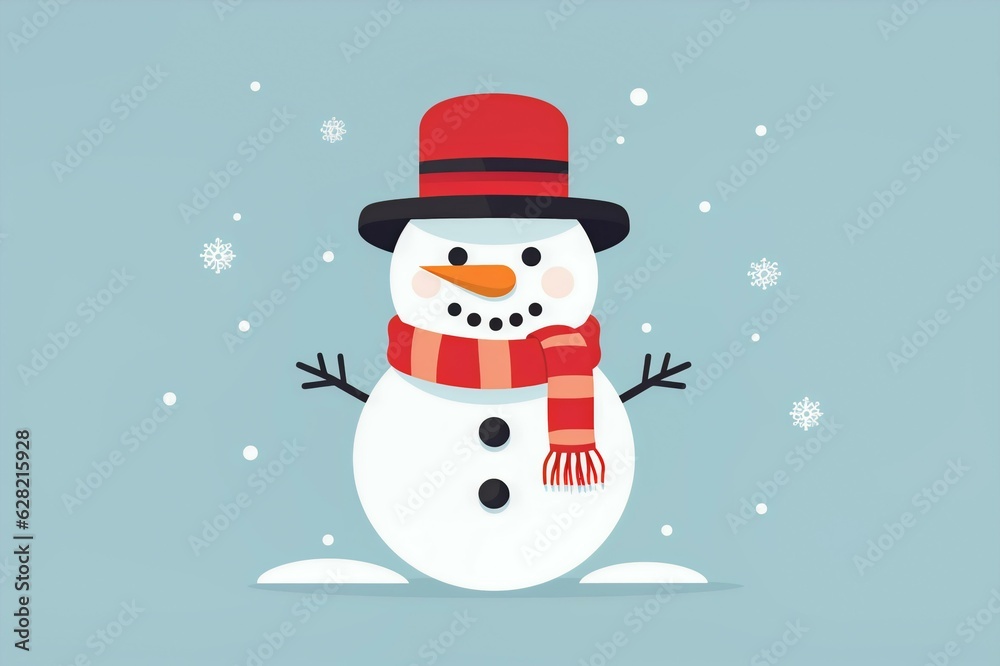 Snowman Enjoying a Snowfall on Blue Background, Generative AI