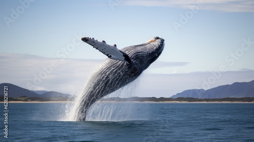 Whale Jumping From Open Water in Sea Under Blue Cloudy Sky With Bright Sun © Valery Zayats