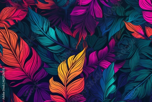 Illustration of a vibrant assortment of colorful leaves against a dark background  created using generative AI