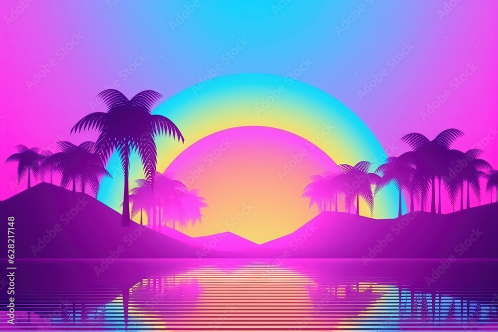 Naklejka premium Palm trees and rainbow 80s landscape in vaporwave style. Retrowave vacation background with tropical sunset and palms.