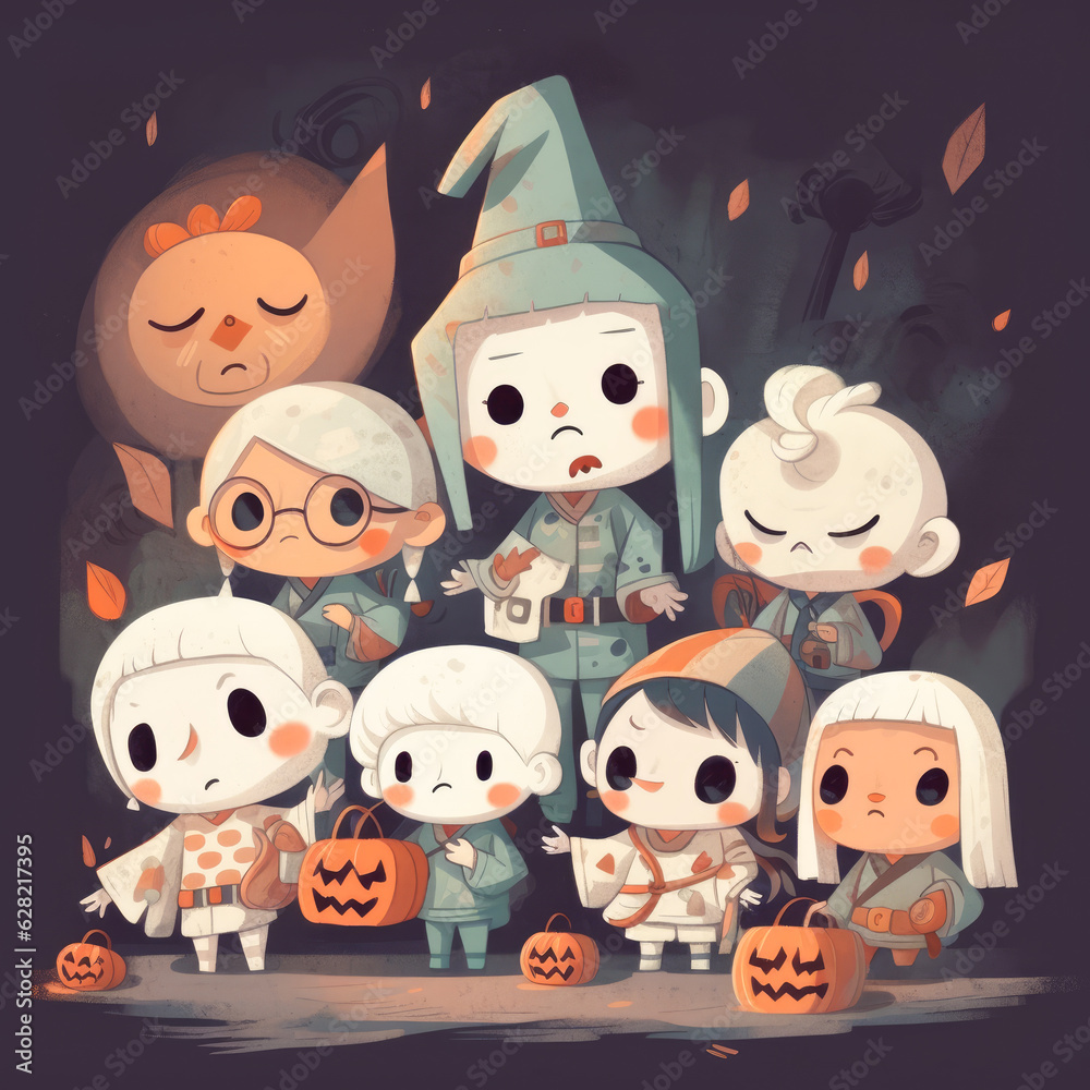 An adorable illustration of cute ghost children wearing whimsical costumes, such as mini witches, tiny vampires, and little pumpkins, ready for a night of Halloween adventures. An adorable illustration of cute ghost children wearing whimsical costumes, such as mini witches, tiny vampires, and little pumpkins, ready for a night of Halloween adventures.