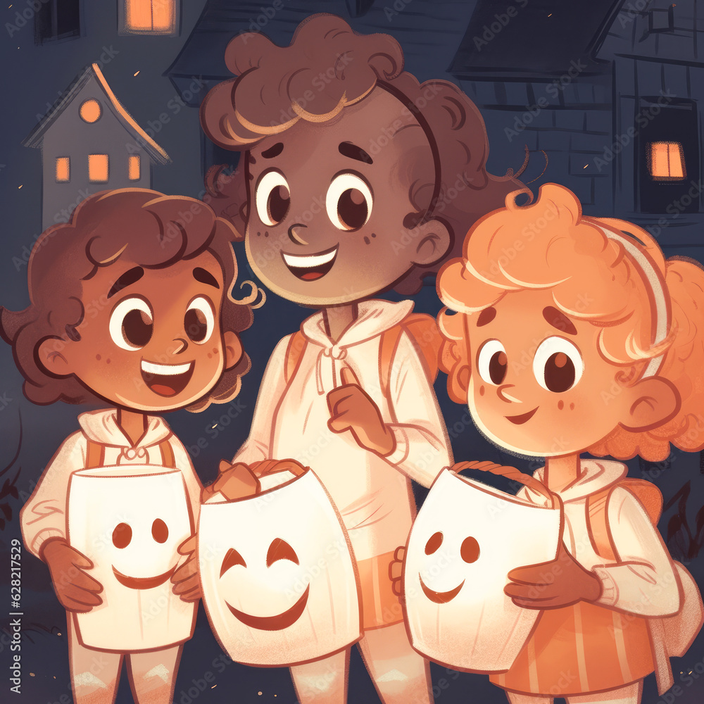 An adorable illustration of little ghostly trick-or-treaters holding treat bags and glowing jack-o'-lanterns, ready to join the Halloween fun. An adorable illustration of little ghostly trick-or-treaters holding treat bags and glowing jack-o'-lanterns, ready to join the Halloween fun.