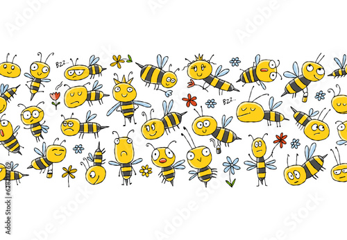 Funny Bees family. Beehive seamless pattern background for your design