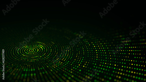 Abstract green technology circle wave. Flow of particles. Big data transfer visualization. 3d rendering.