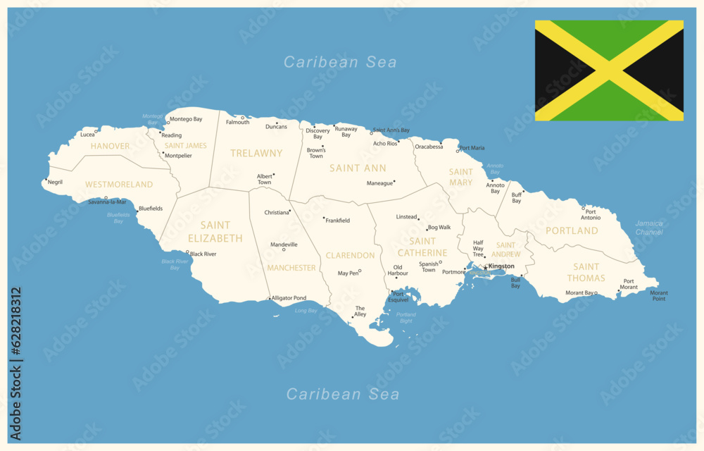 Jamaica - detailed map with administrative divisions and country flag.