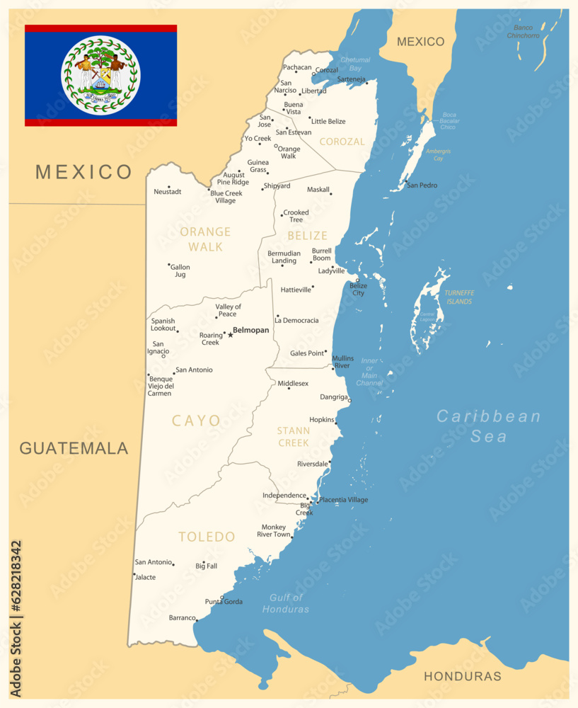Obraz premium Belize - detailed map with administrative divisions and country flag.