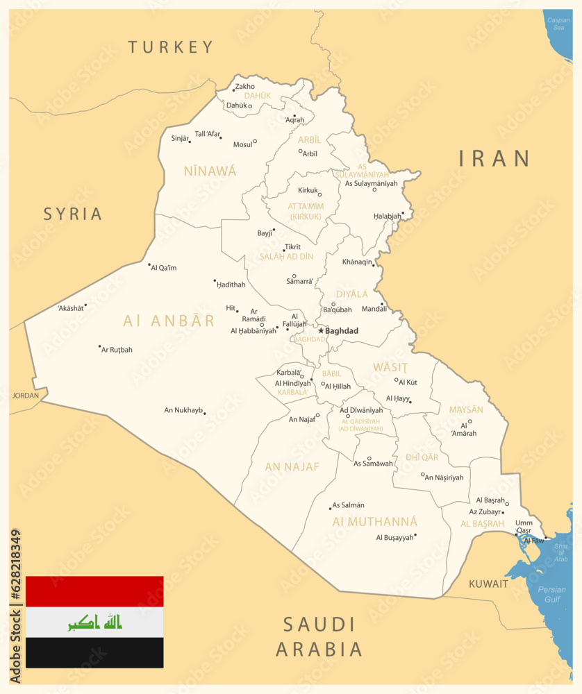 Obraz premium Iraq - detailed map with administrative divisions and country flag.