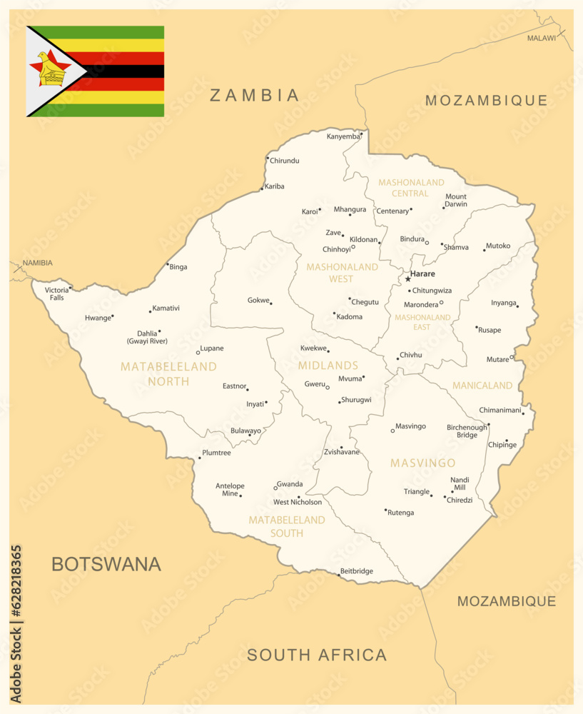 Zimbabwe - detailed map with administrative divisions and country flag.